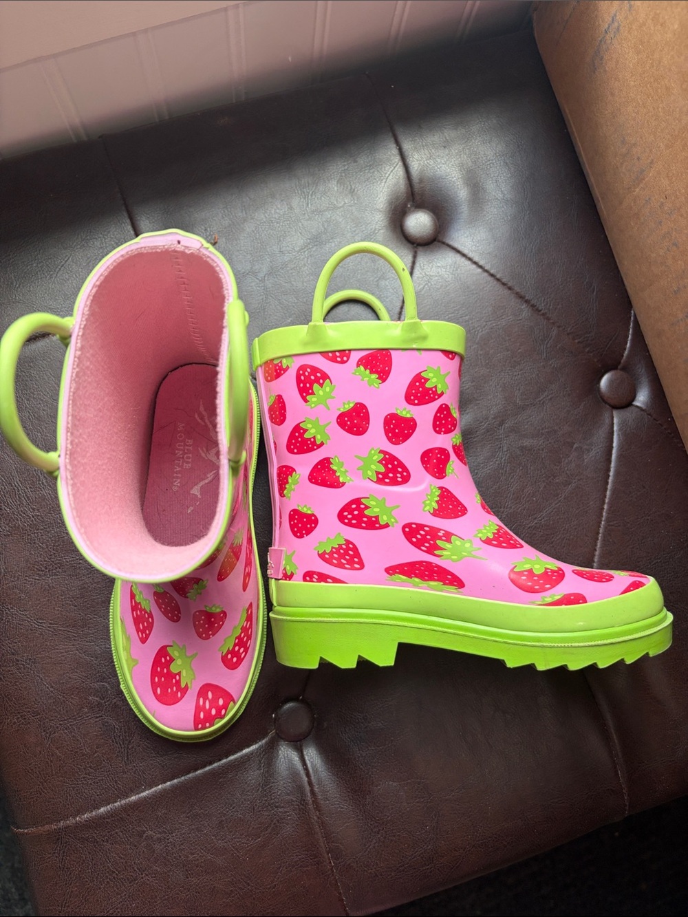 Kids Pink Strawberry Rain Boots with Lime Trim - Playful Waterproof Boots
